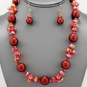 Red Faux Pearl Glass Bead Necklace Eatrring Set